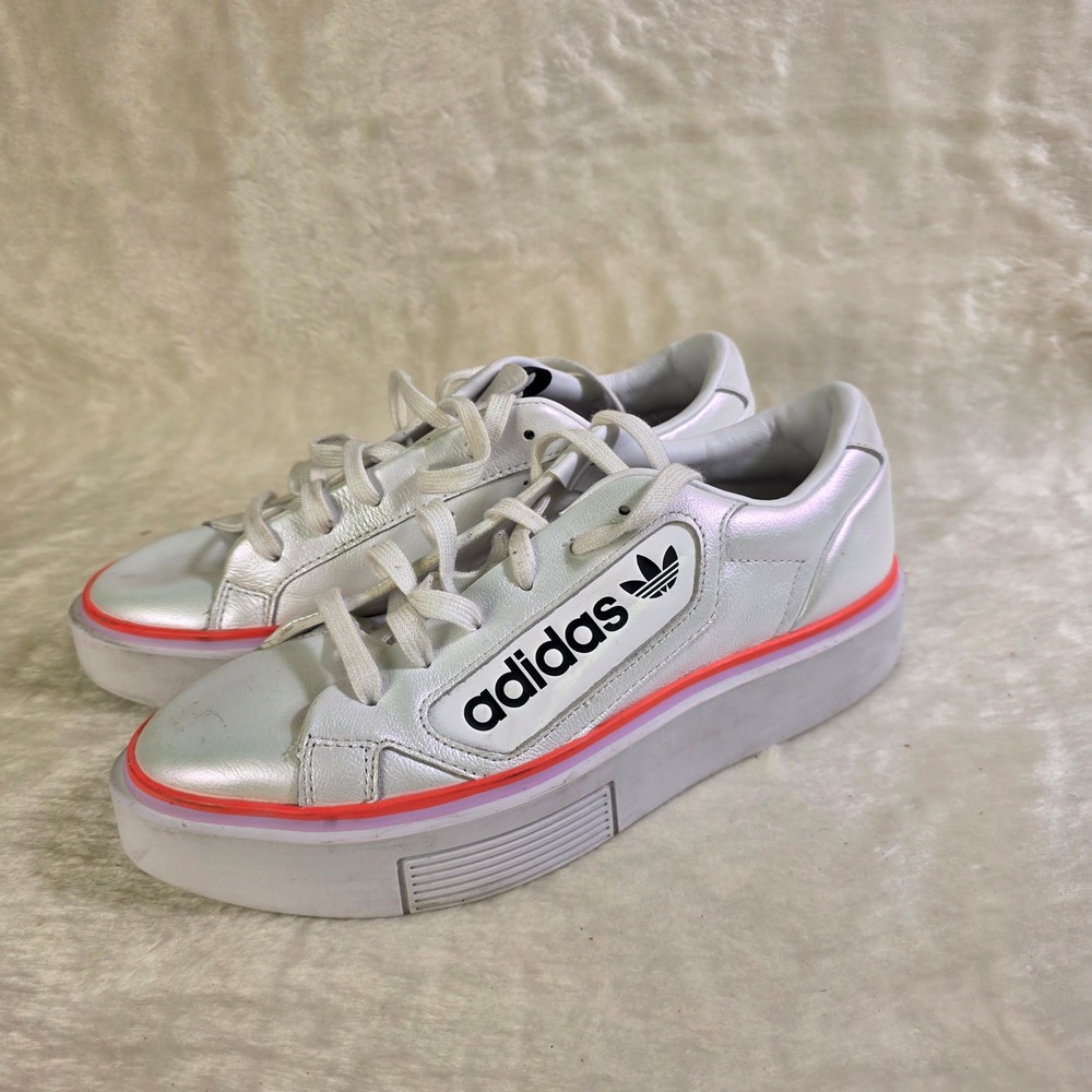 Adidas Sleek Super Platform Sneakers White Lilac Iridescent Womens 8 Excellent